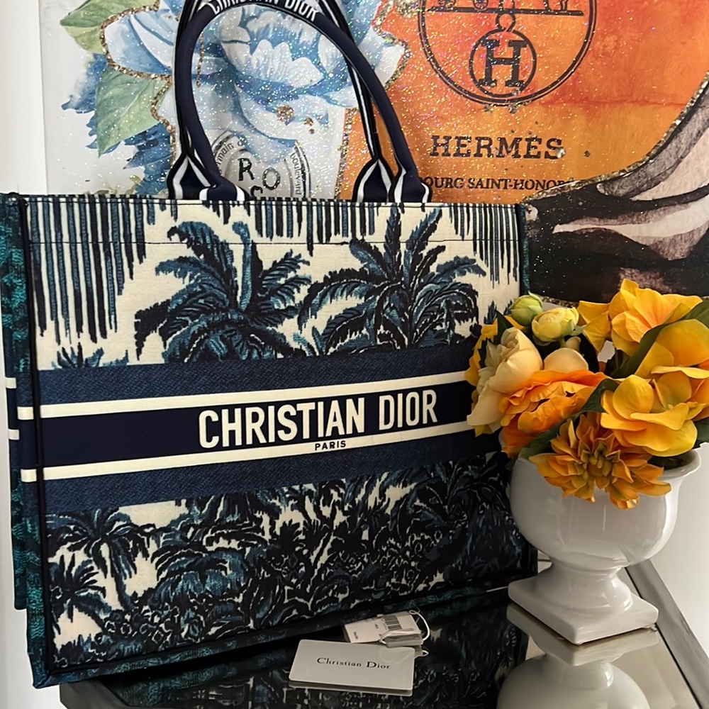 CDC Christian Dior Navy and White Palm-Print Tote